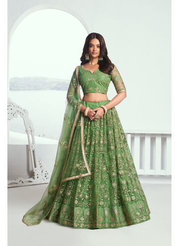 Beautiful Soft Net Mehendi Green Lehenga choli embellished with sequin work